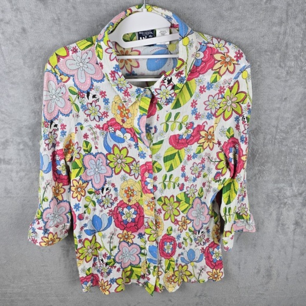 Big Dogs Womens 18/20‎ Floral Button Up Shirt Multicolor 3/4 Sleeve Cotton Top